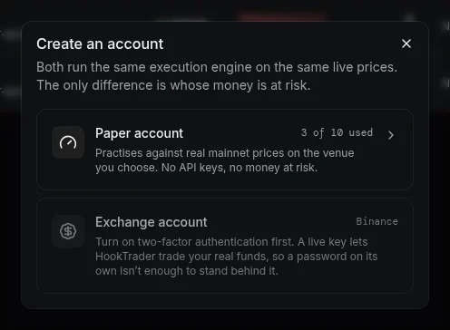 The Create an account dialog: Paper account or Exchange account.