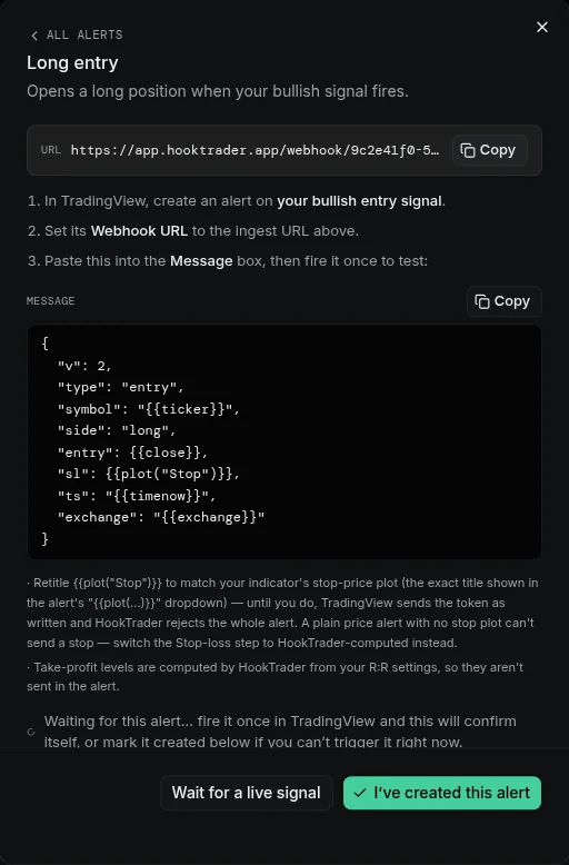 One alert from Set up alerts: the webhook URL, the signal to attach it to, and the message to paste.